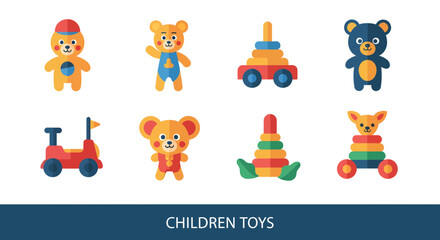 A delightful collection of vibrant flat design children's toys, showcasing adorable bear characters and engaging stacking games for playful learning and early childhood development