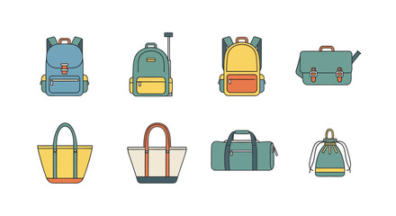 Flat outline vector illustrations of bags and backpacks school, travel, tote, and duffel. Ideal for lifestyle, education, and journey-related design projects