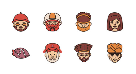 Diverse Flat Line Vector Icons Collection of Character Avatars and a Stylized Fish, Representing Various People and a Marine Element for Digital Design