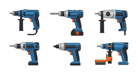 Diverse collection of electric drills, showcasing various power tools for construction, DIY projects, and professional tasks, depicted in a clean modern vector illustration style