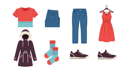 Diverse collection of flat vector clothing items, including casual tops, bottoms, outerwear, socks, and sneakers, representing modern wardrobe essentials