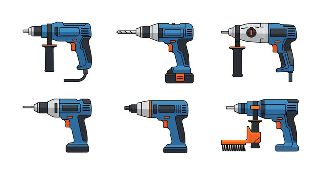 Diverse collection of electric drills, showcasing various power tools for construction, DIY projects, and professional tasks, depicted in a clean modern vector illustration style