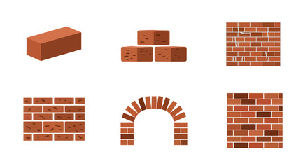 Vector set of essential brick elements individual blocks, stacked units, diverse wall patterns, and an arch, perfect for architectural, construction, and building design assets