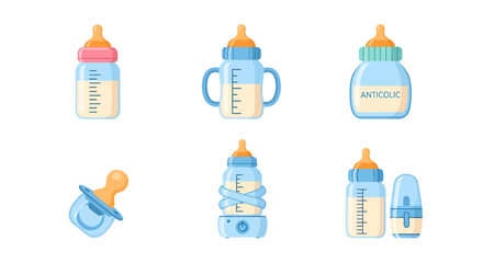 Diverse collection of baby feeding bottles and pacifiers for infant care, showcasing various designs and functions essential for newborn nourishment