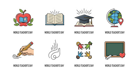 Vibrant vector illustrations celebrating the essence of education, learning, and the invaluable role of teachers globally, encompassing school elements and student growth