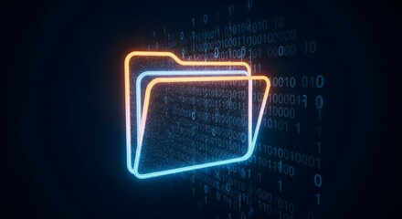 Glowing digital folder icon with binary code background, symbolizing data storage, file management, cloud computing, cybersecurity, and modern information technology