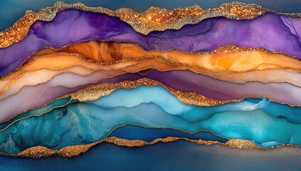 Gilded layers of flowing purple, orange, blue hues