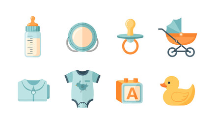 Comprehensive collection of adorable flat design baby essentials vector icons, perfect for illustrating newborn care, infancy, and early childhood themes in digital and print projects