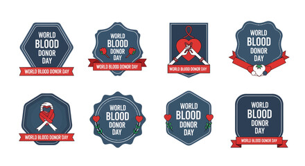 Set of World Blood Donor Day vector badges with medical symbols, hearts, and ribbons to promote awareness for vital blood donations