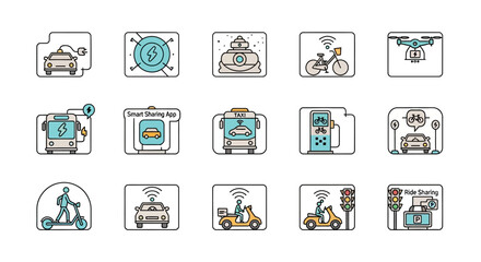 Collection of Autonomous Vehicle Icons Representing Future Transportation.