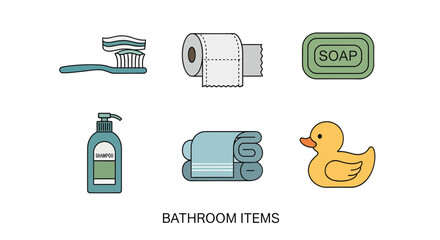 Modern flat design illustration featuring essential bathroom items like a toothbrush, soap, toilet paper, towels, and a rubber duck, perfect for hygiene and personal care concepts