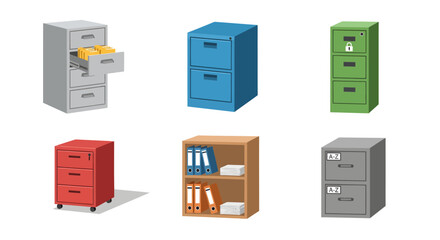 Colorful vector set of office filing cabinets and storage units, essential for document organization and enhancing workplace efficiency and productivity