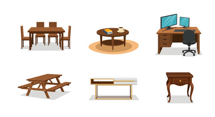 Vector collection of diverse furniture for home and office. Includes dining tables, desks, coffee tables, side tables, and picnic sets, ideal for interior design and lifestyle themes