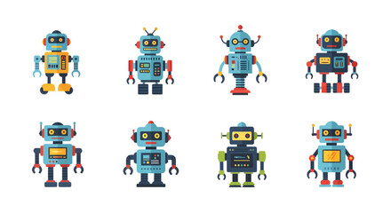 Obraz premium Vibrant set of diverse cartoon robot characters, embodying artificial intelligence and automation concepts for technology, digital design, and futuristic projects
