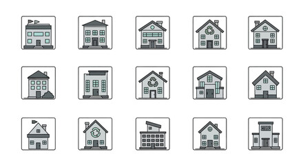Collection of Building Icons - Diverse Architectural Styles in Vector Format.