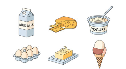 Assortment of dairy products and eggs including milk, cheese, yogurt, butter, and ice cream