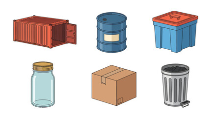 Collection of various storage and transport containers including a shipping container, barrel, bin, jar, box, and trash can