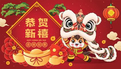 Vintage Chinese new year poster design with horse. Chinese wording means Happy Lunar Year, May you be safe and lucky, Prosperity.