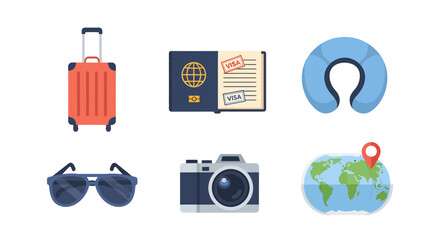 Travel and vacation icons including suitcase, passport, sunglasses, neck pillow, camera and map