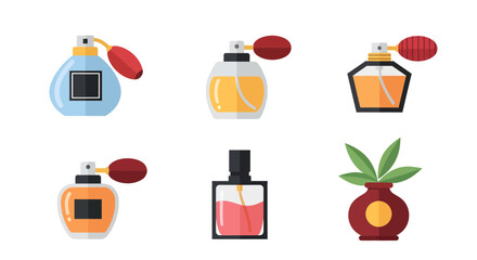 Set of beautifully crafted perfume and cologne bottles in a flat design illustration, perfect for beauty, personal care, and luxury aroma concepts