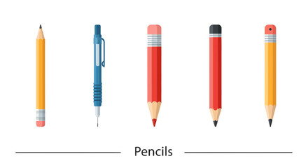Various types of sharpened pencils and a mechanical pencil displayed on a white background
