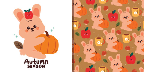 set of card and pattern cute cartoon bunny with pumpkin and autumn element drawing