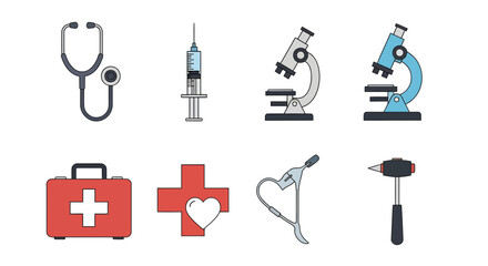 Fototapeta premium Comprehensive collection of medical and healthcare icons, featuring essential diagnostic tools and first aid symbols for professionals, clinics, and health-related content