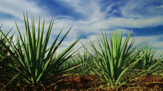 Sharp, vibrant green leaves of young agave plants reach towards the dramatic blue sky, as the camera pans slowly across the field from a low angle, showcasing the rich textures and colors of the Mexic