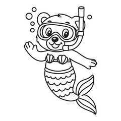 line art of a cartoon bear mermaid diving under the sea vector