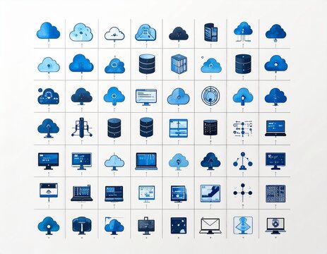 A comprehensive collection of cloud computing and technology icons, featuring various representations of clouds, servers, computers, and network diagrams.