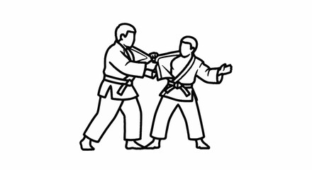 Obraz premium Two martial artists in dynamic combat pose, demonstrating discipline and strength with focused intensity on white background