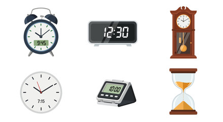 Diverse timekeeping devices analog, digital, grandfather clocks, and hourglass, illustrating methods for time measurement and daily schedules
