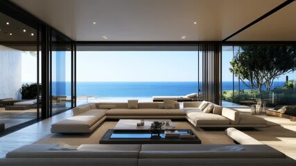 Luxury coastal villa with ocean view, modern interior design and spacious living area for