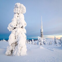Snowy mountain landscape with communication tower