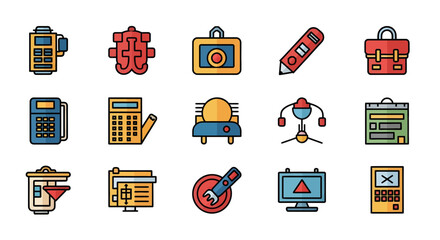 Modern flat design icon set featuring essential tools for office productivity, digital technology, creative work, and business applications