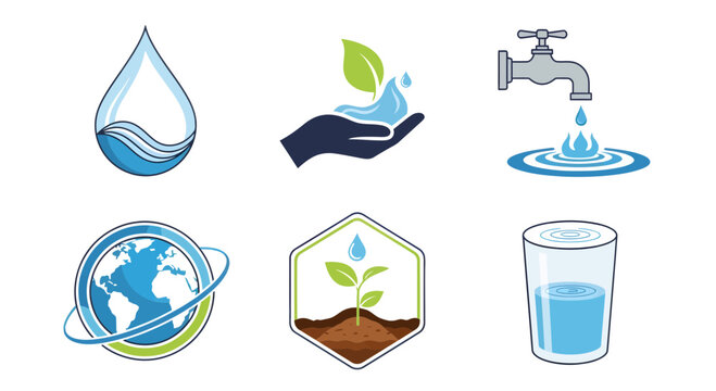 Essential vector icons for water conservation, environmental protection, and global sustainability. Features pure water, earth, plants, and eco-friendly practices for design projects