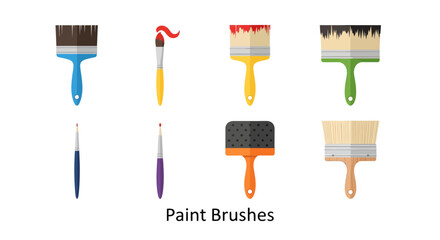 A vibrant collection of diverse painting tools, featuring various brush types with colorful bristles, ideal for art projects, creative design, and home decoration endeavors