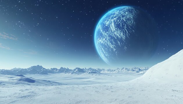 Frozen alien planet with distant blue world