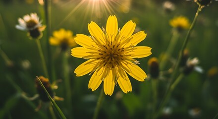 Obraz premium Radiant yellow flower blooms, bathed in sunlight, showcasing nature's vibrant beauty and delicate