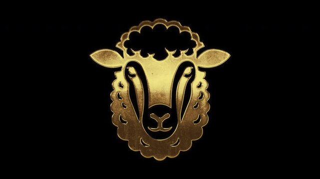 Sheep face with slightly reflected outlines on a gold foil-like surface, loop, alpha channel


