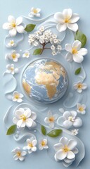 Earth surrounded by white blossoms, light blue background