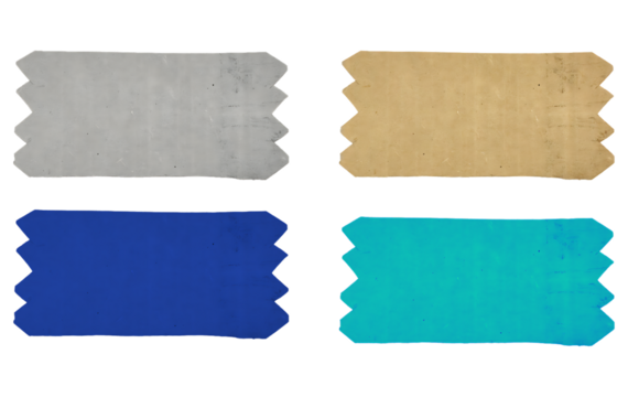 Four Abstract Paper Labels with Zigzag Edges in Gray, Brown, Blue, and Teal Colors