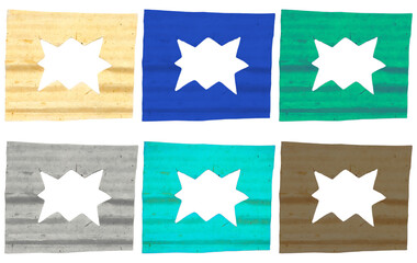 Six Corrugated Cardboard Squares with Burst Shape Cutouts in Various Colors on Transparent Background