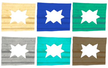 Six Corrugated Cardboard Squares with Burst Shape Cutouts in Various Colors on Transparent Background
