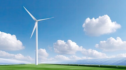 Obraz premium Wind Turbine and Solar Panels Under Clear Blue Sky with White Clouds in Eco-Friendly Landscape