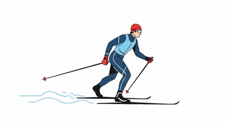 Focused athlete trains for winter competition, gliding dynamically across snowy terrain with ski poles propelling forward.