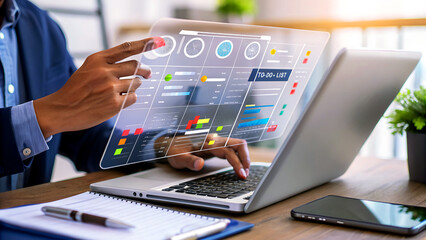 Professional analyzing digital data on interactive screen