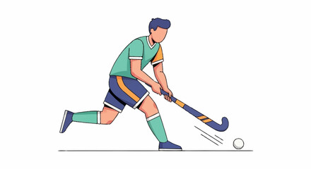 Dynamic hockey player in action, skillfully dribbling ball with stick on field, capturing athletic energy and competitive spirit for sports content