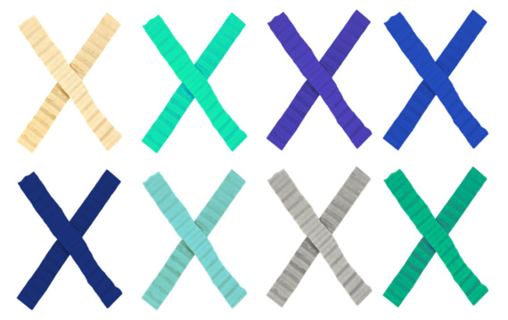Set of Eight Corrugated Cardboard X Shapes in Various Colors Isolated on Transparent Background