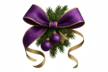 Purple christmas bow with gold ribbon, festive ornaments, and pine needles on transparent background